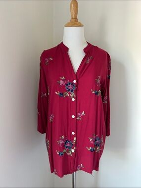 Embroidered Button-Down Shirt in Berry